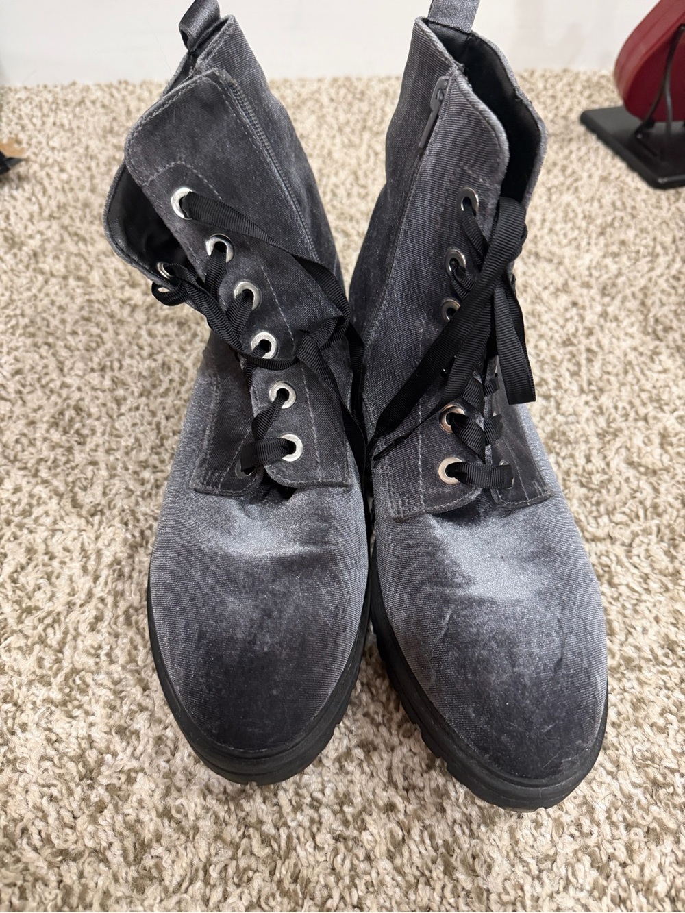 Women’s Gray Velvet Lace-Up Boots
